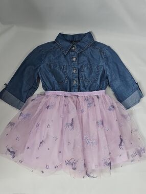 pink & violet Denim-Look Unicorn Girls' Dress Blue/Purple